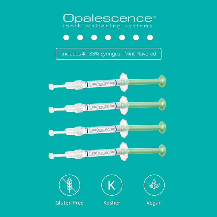 Seringues en gel Opalescence pour le blanchiment des dents - Kit de recharge (2 paquets / 4 seringues au total) Peroxyde de carbamide. Fabriqué par Ultradent, au goût de menthe. Seringues de recharge pour blanchiment des dents 